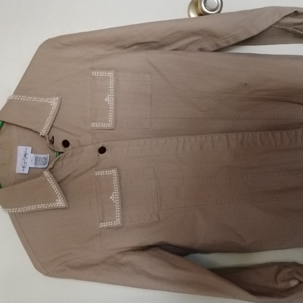 Kakai long sleeve shirt type jacket with pearl trim